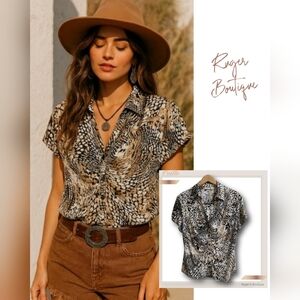 🌿Cato Women's XL Tan Brown Crocodile Print Silky Button Down Blouse